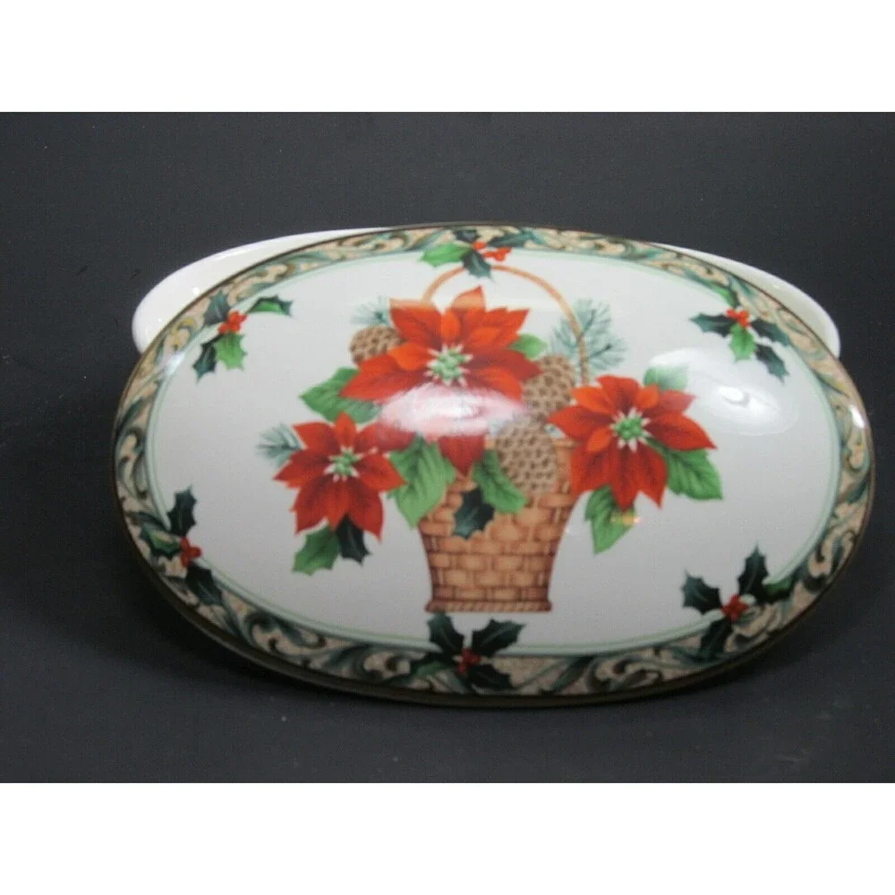 Mikasa Christmas Poinsettia Basket Covered Oval Trinket Box